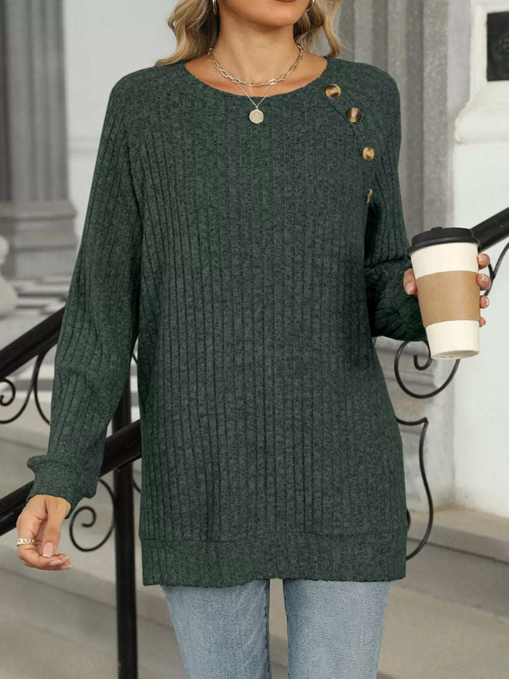 Round Neck Side Slit Ribbed Knit Top with Asymmetric Button Detail