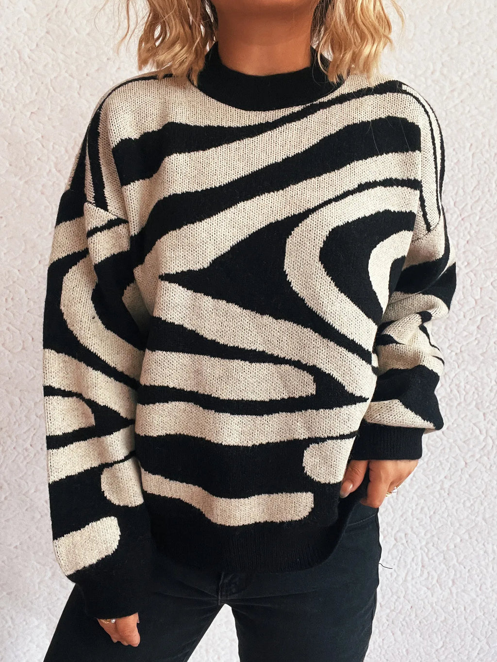 Zebra Print Round Neck Sweater
