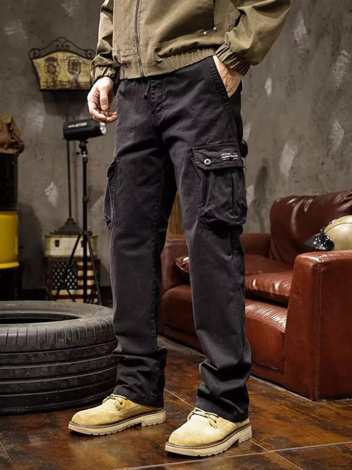 Men's Plus Size Multi-Pocket Cargo Pants - Black