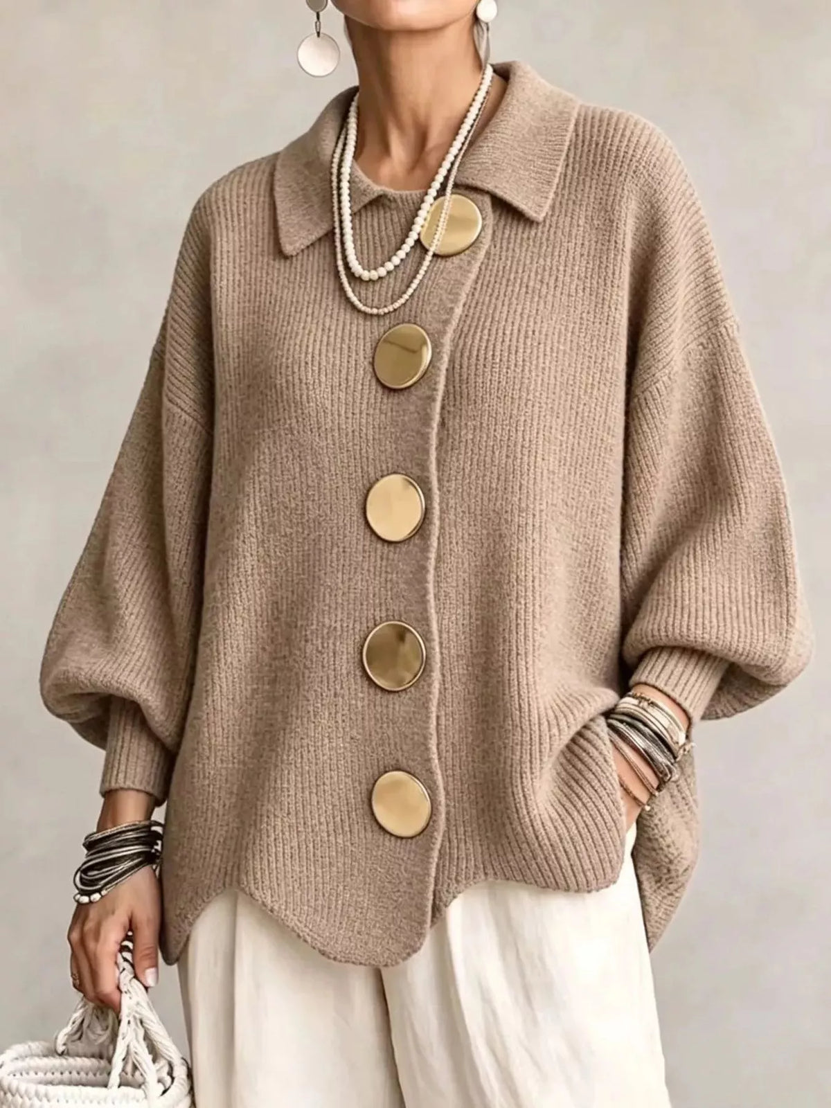 Full Size Gold Buttons Lantern Sleeve Cardigan Plus Size - Khaki