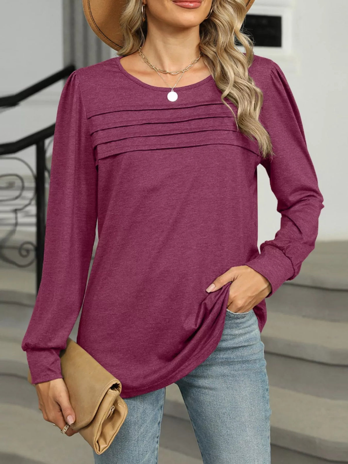 Long Sleeve Round Neck T-Shirt - Wine Red