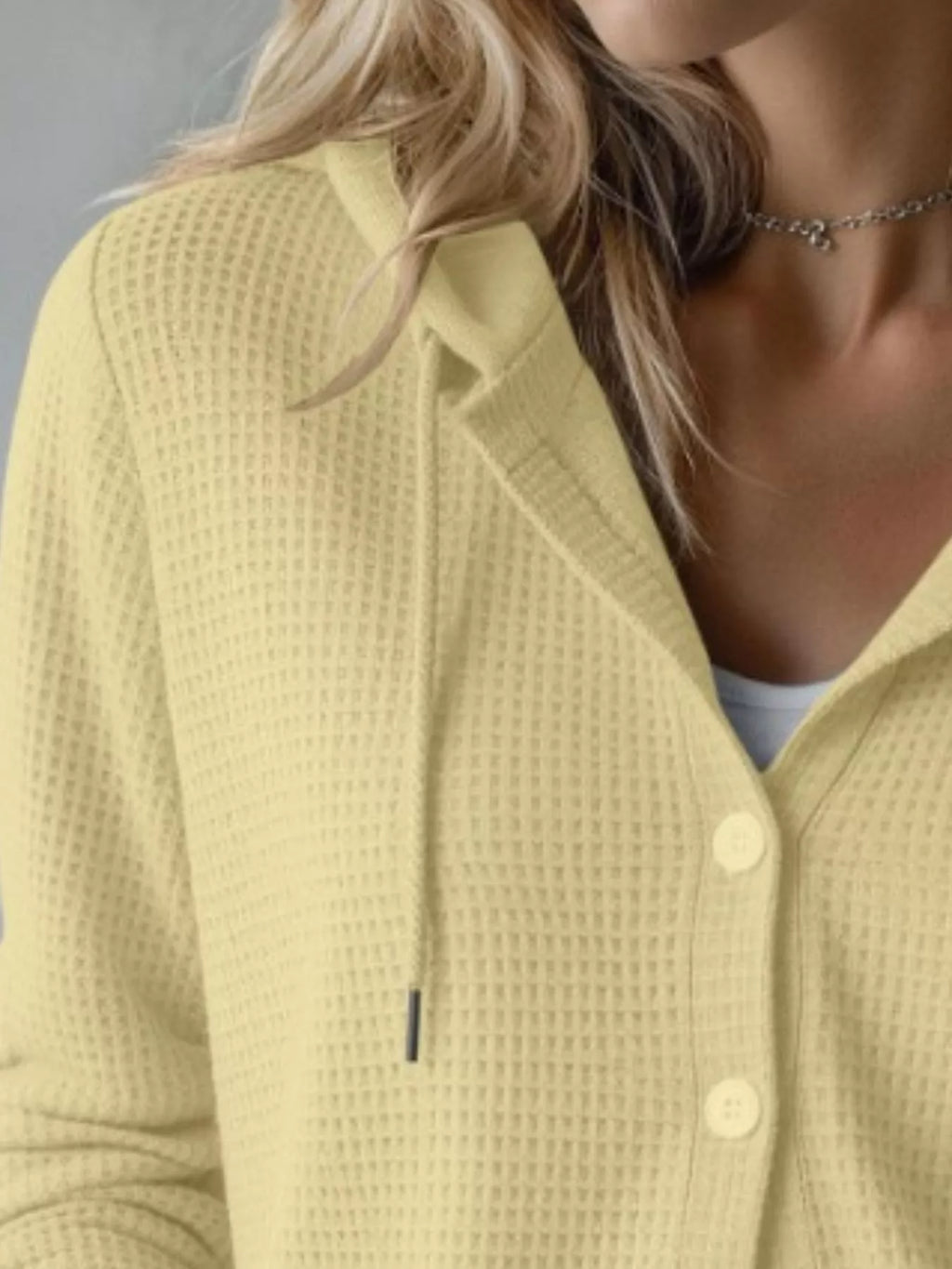 Waffle Knit Button-Down Hooded Cardigan