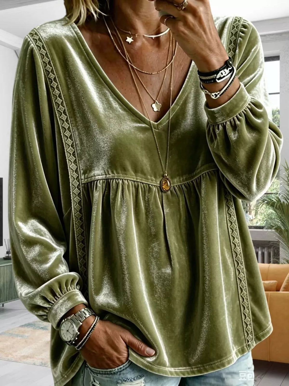 Full Size Velvet Lace Detail V-Neck Blouse Plus Size - Olive