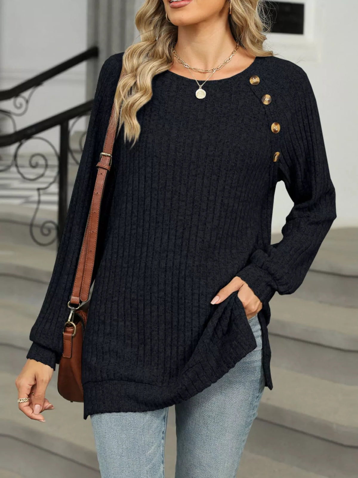 Round Neck Side Slit Ribbed Knit Top with Asymmetric Button Detail
