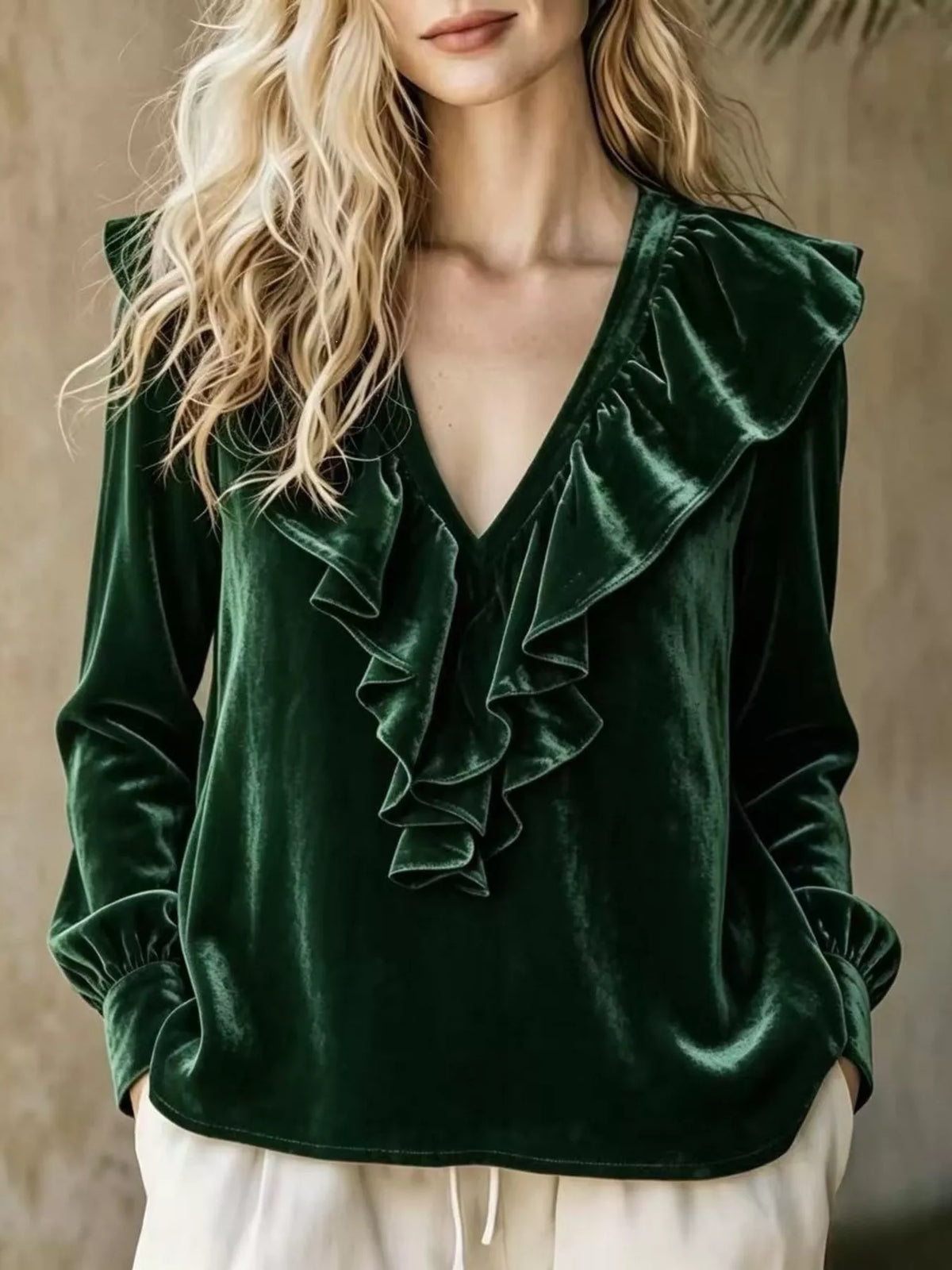 Full Size Velvet Ruffle V-Neck Blouse Plus Size - Black Forest