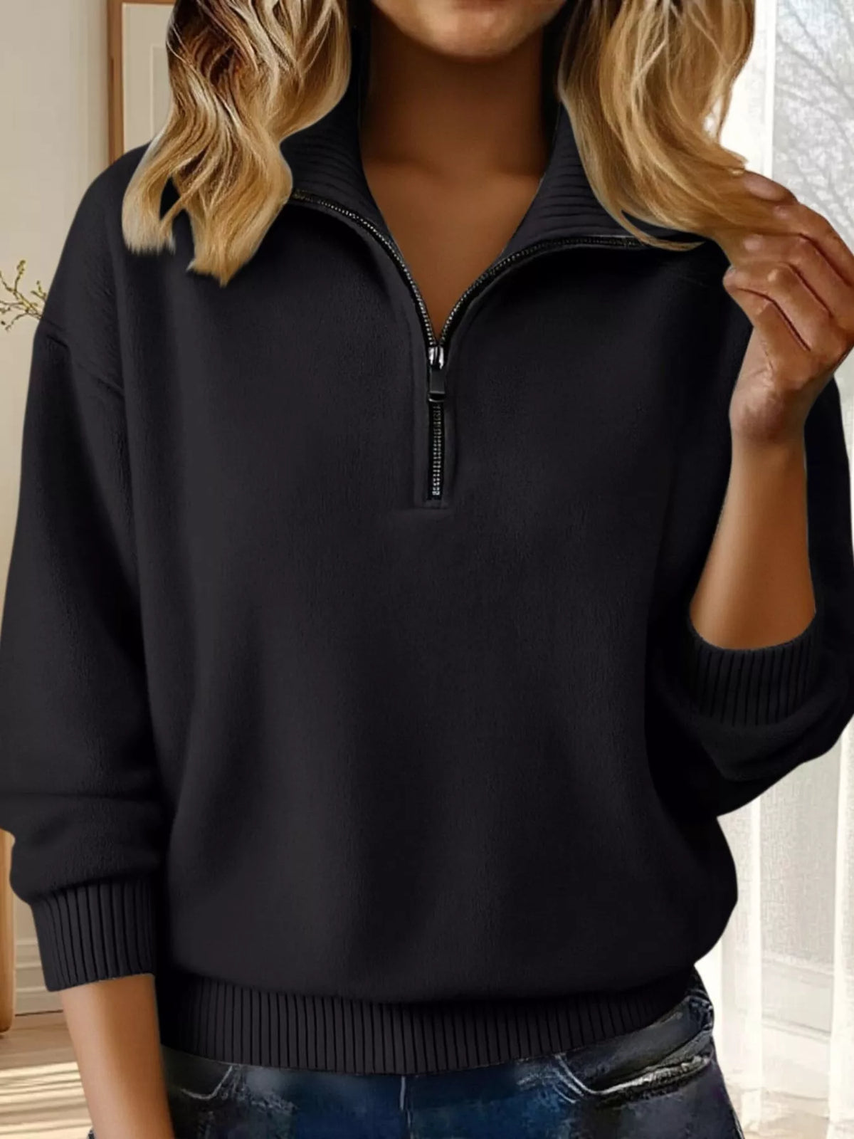 Full Size Half Zip Dropped Shoulder Sweater Plus Size - Black