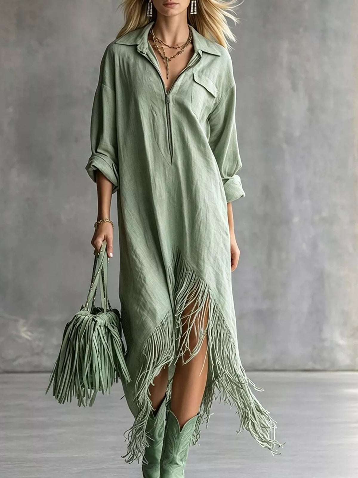 Fringe Hem Zip-Up Shirt Dress - Light Green