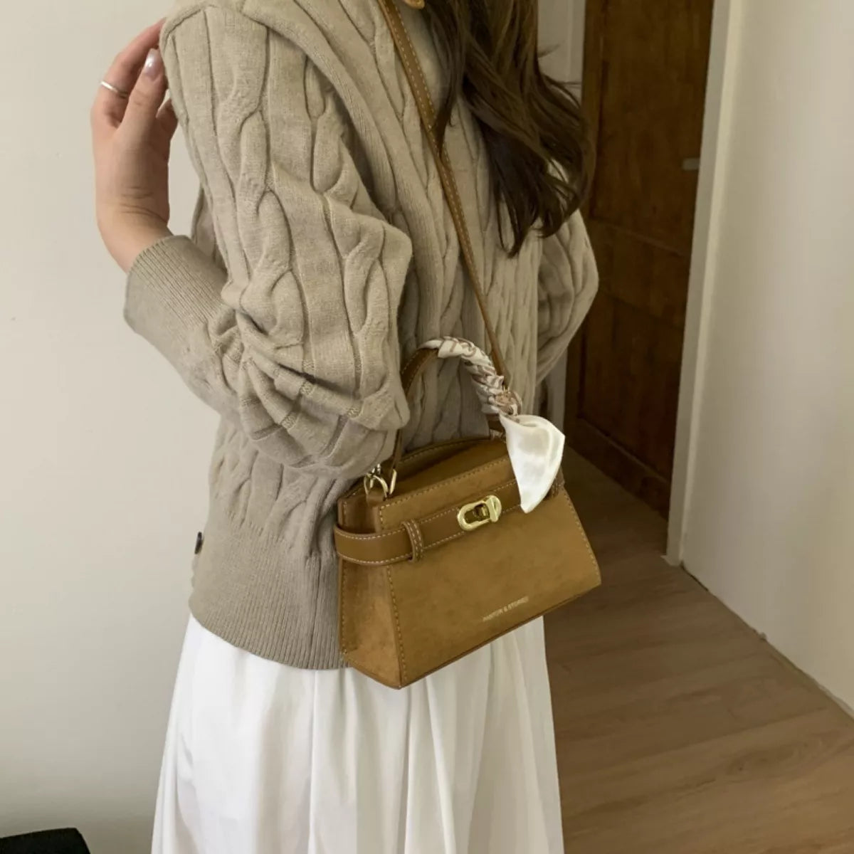Suede Mini Crossbody Bag with Leather Strap - Taupe