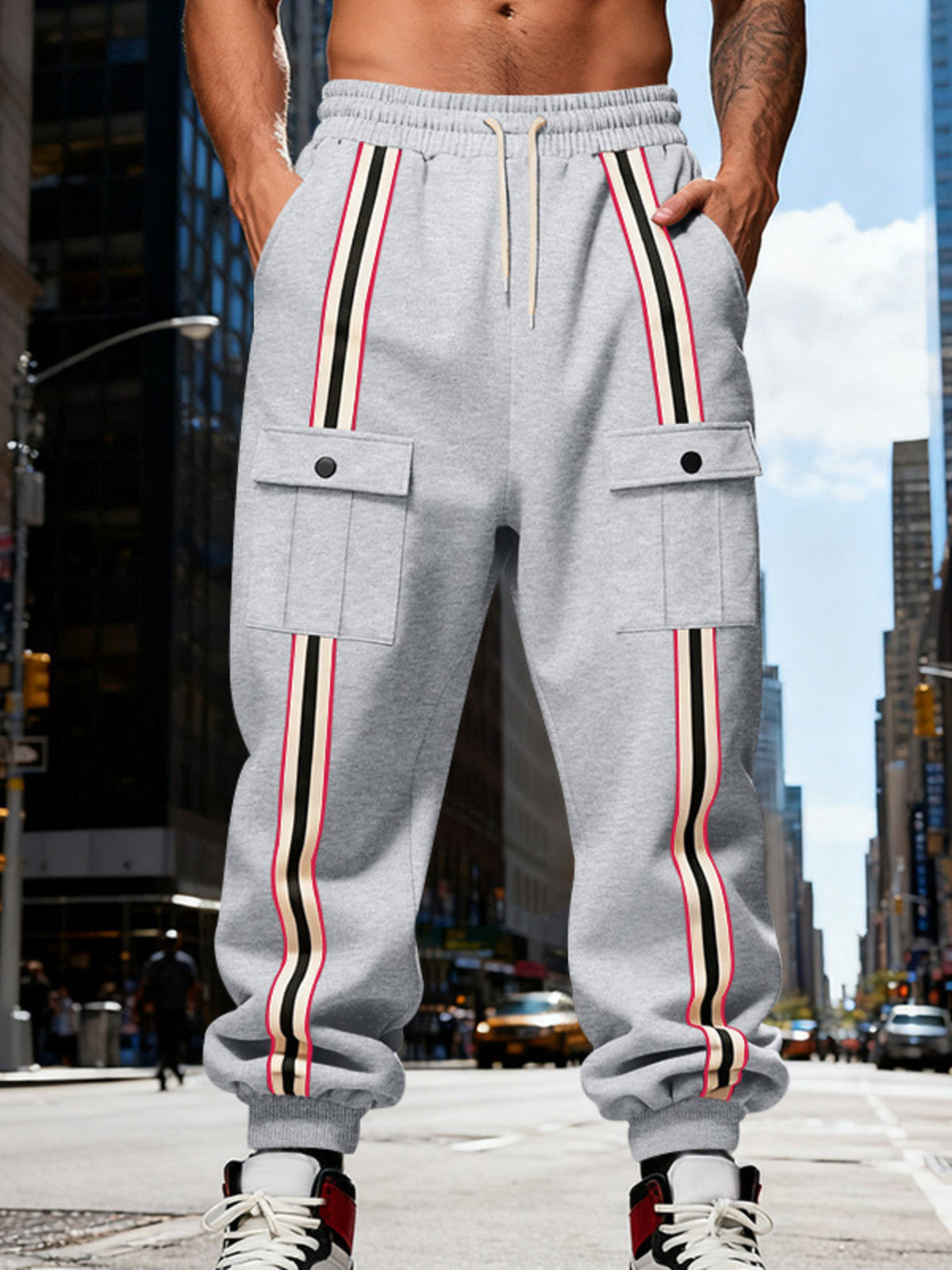 Men's Full Size Casual Striped Cargo Joggers Plus Size - Light Gray