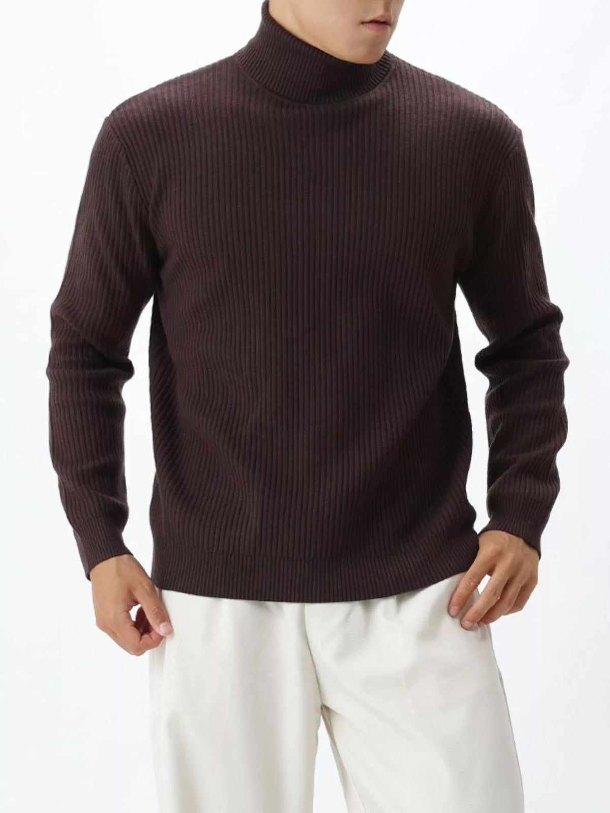 Men's Plus Size Ribbed Knit Turtleneck Sweater - Brown