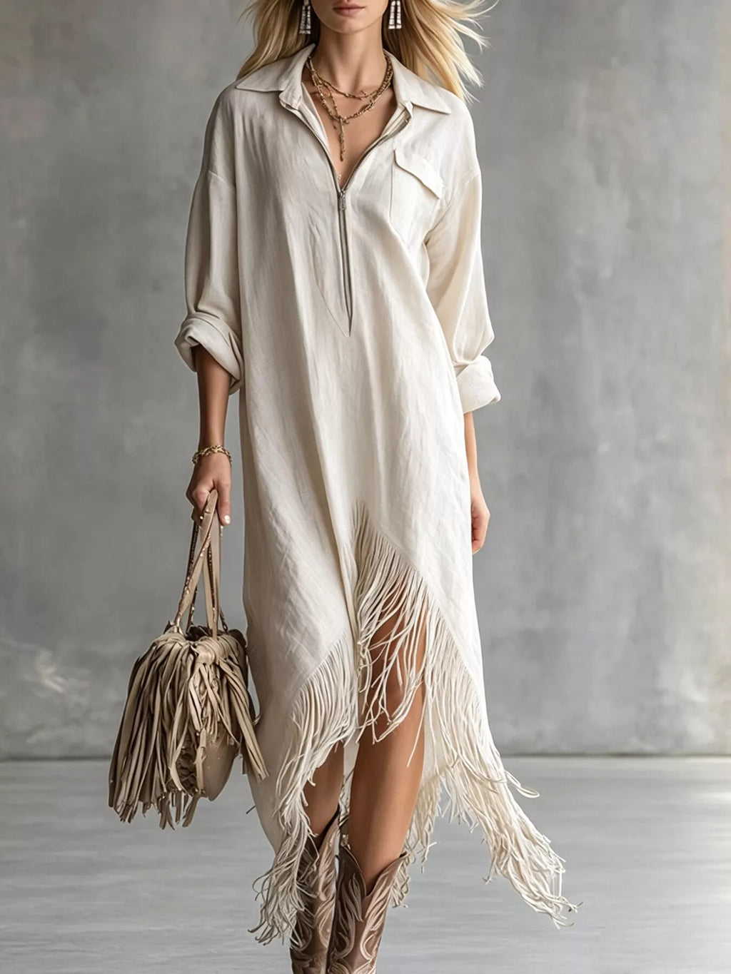 Fringe Hem Zip-Up Shirt Dress - White