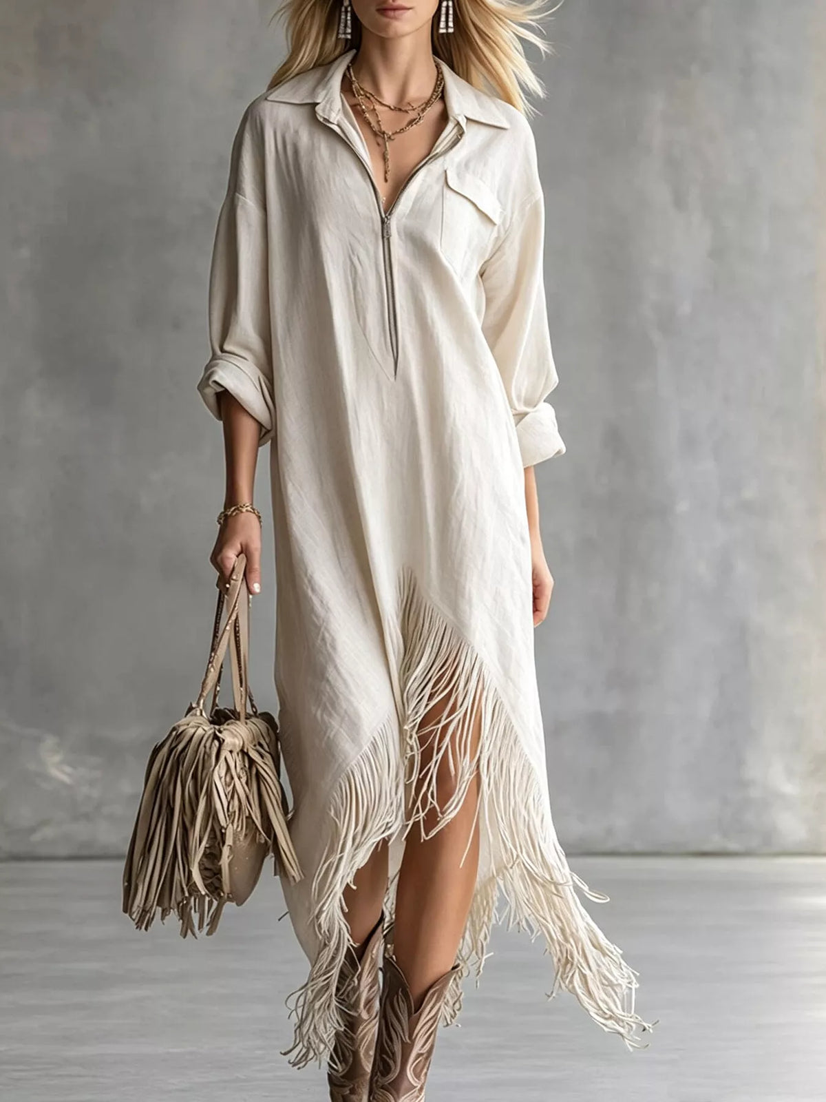 Fringe Hem Zip-Up Shirt Dress - White