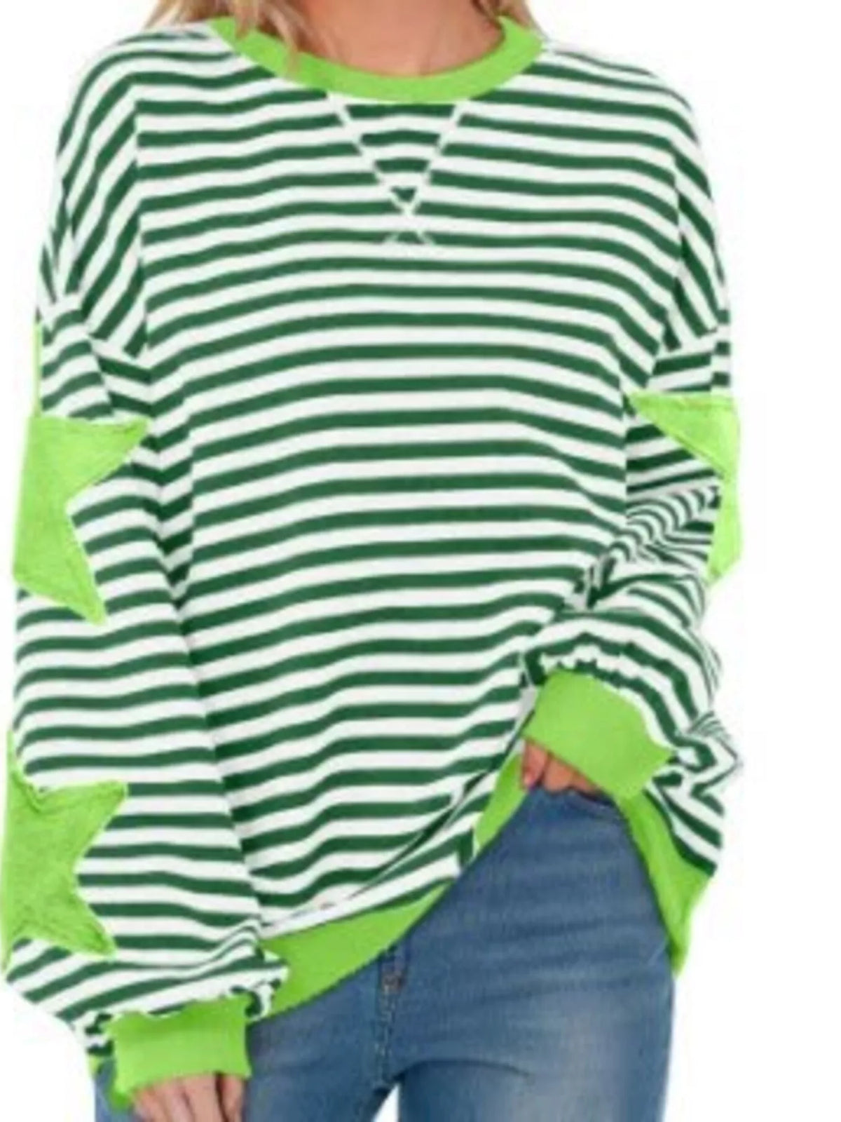 Full Size Star Patch Striped Oversized Sweatshirt Plus Size - Light Green