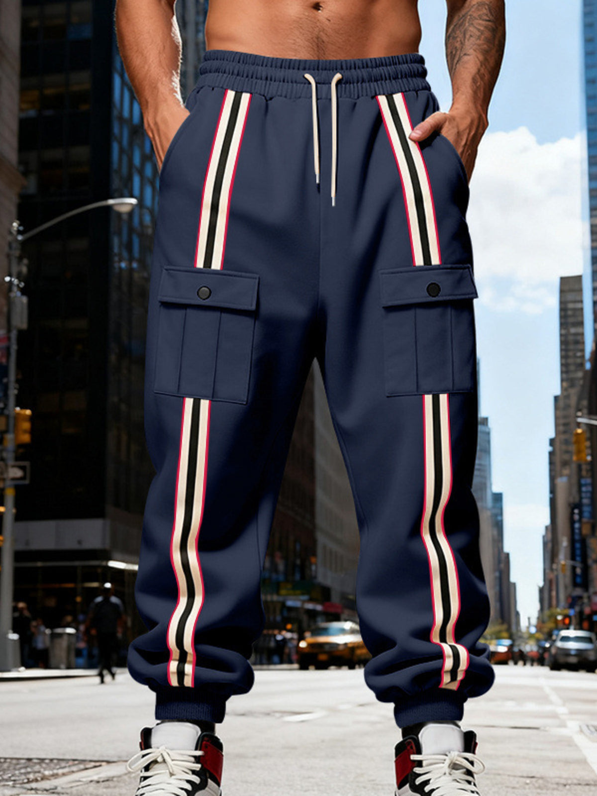 Men's Full Size Casual Striped Cargo Joggers Plus Size - Navy Blue