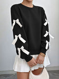 Bow-Detailed Sleeve Round Neck Sweatshirt - Black