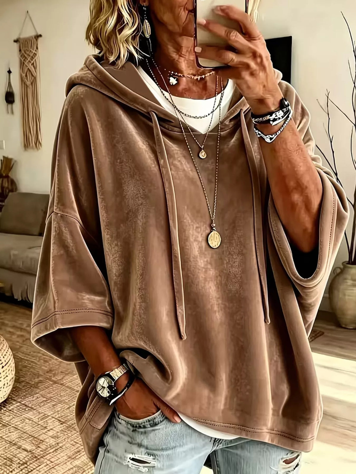 Velvet Loose Fit Hoodie with Drawstring - Khaki