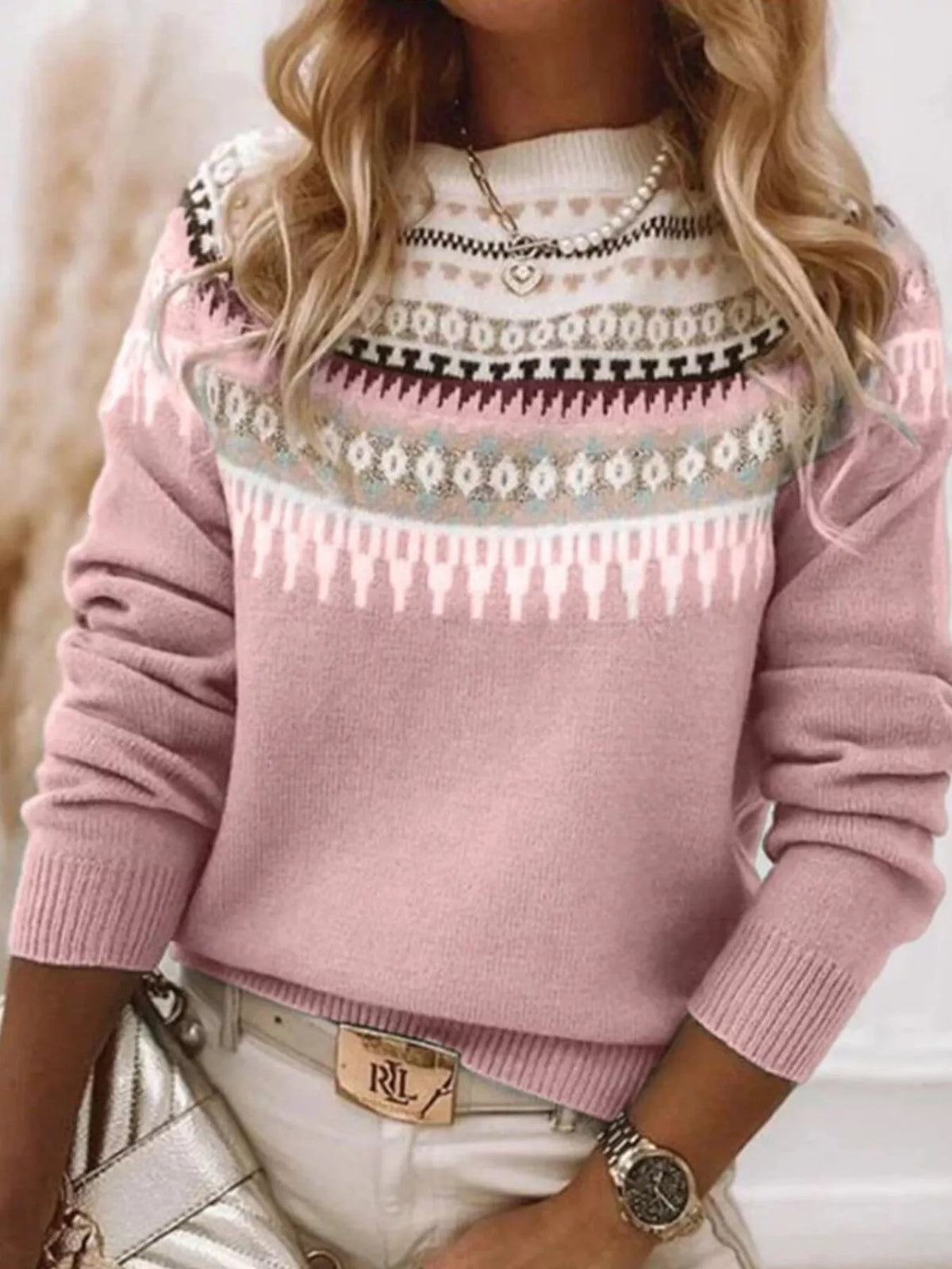 Full Size Vintage Patterned Round Neck Sweater Plus Size - Pink