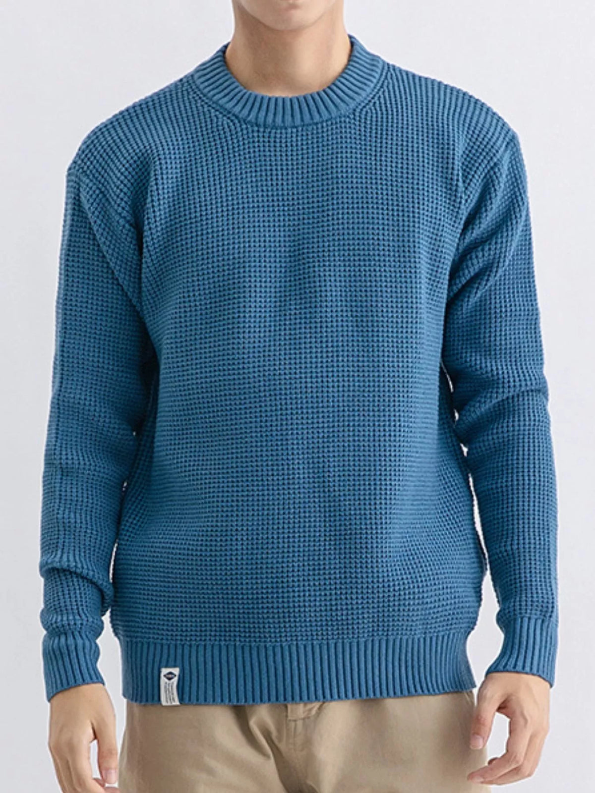 Men's Plus Size Waffle Knit Crew Neck Sweater - Denim Blue