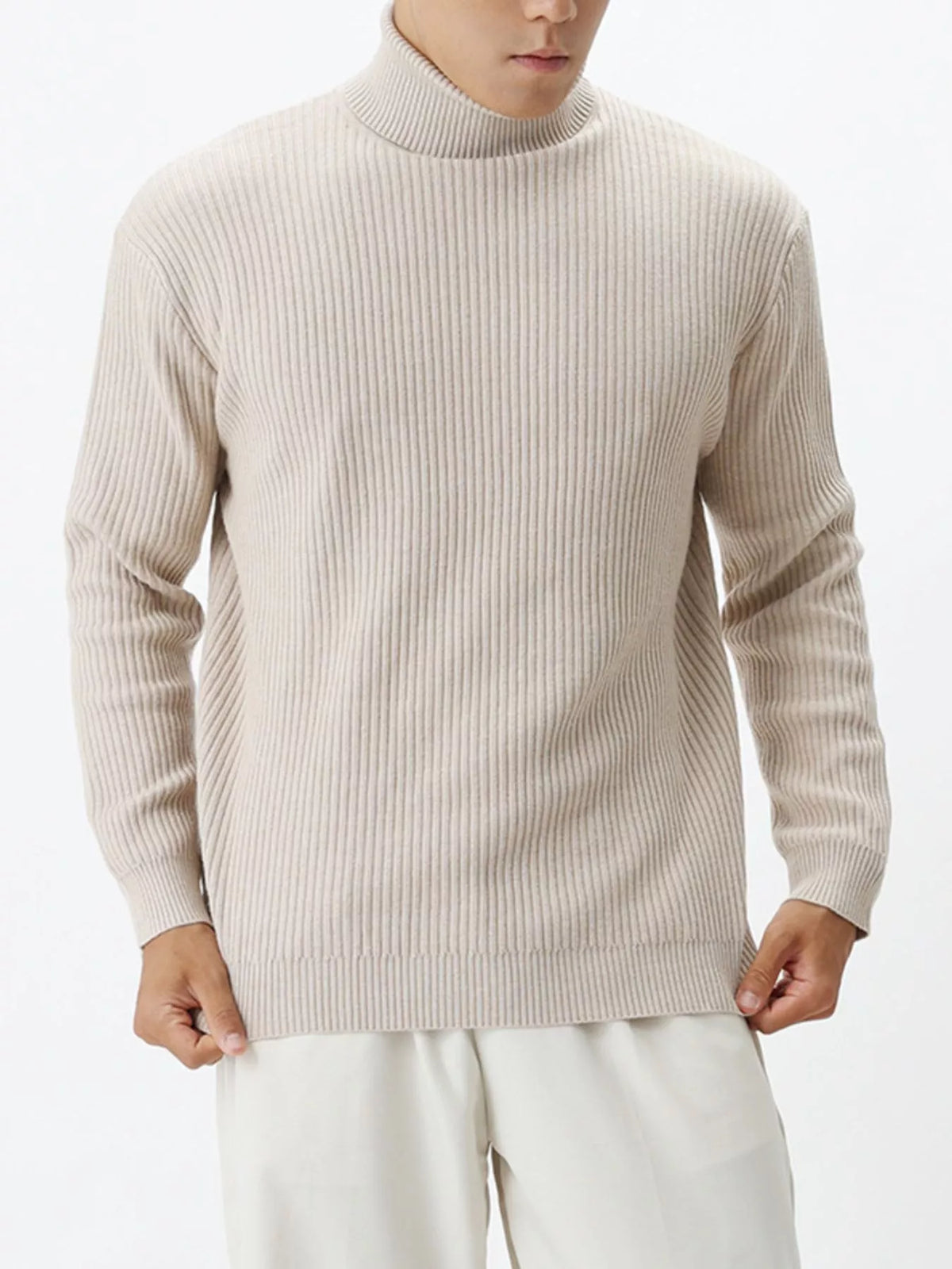 Men's Plus Size Ribbed Knit Turtleneck Sweater - Apricot