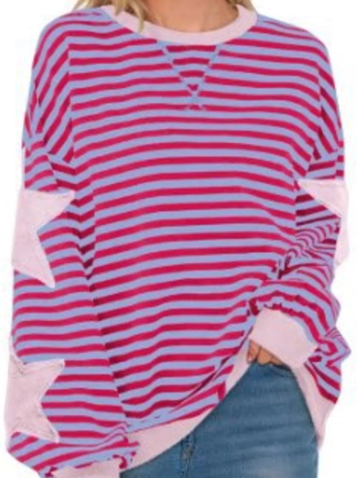 Full Size Star Patch Striped Oversized Sweatshirt Plus Size - Rose Red