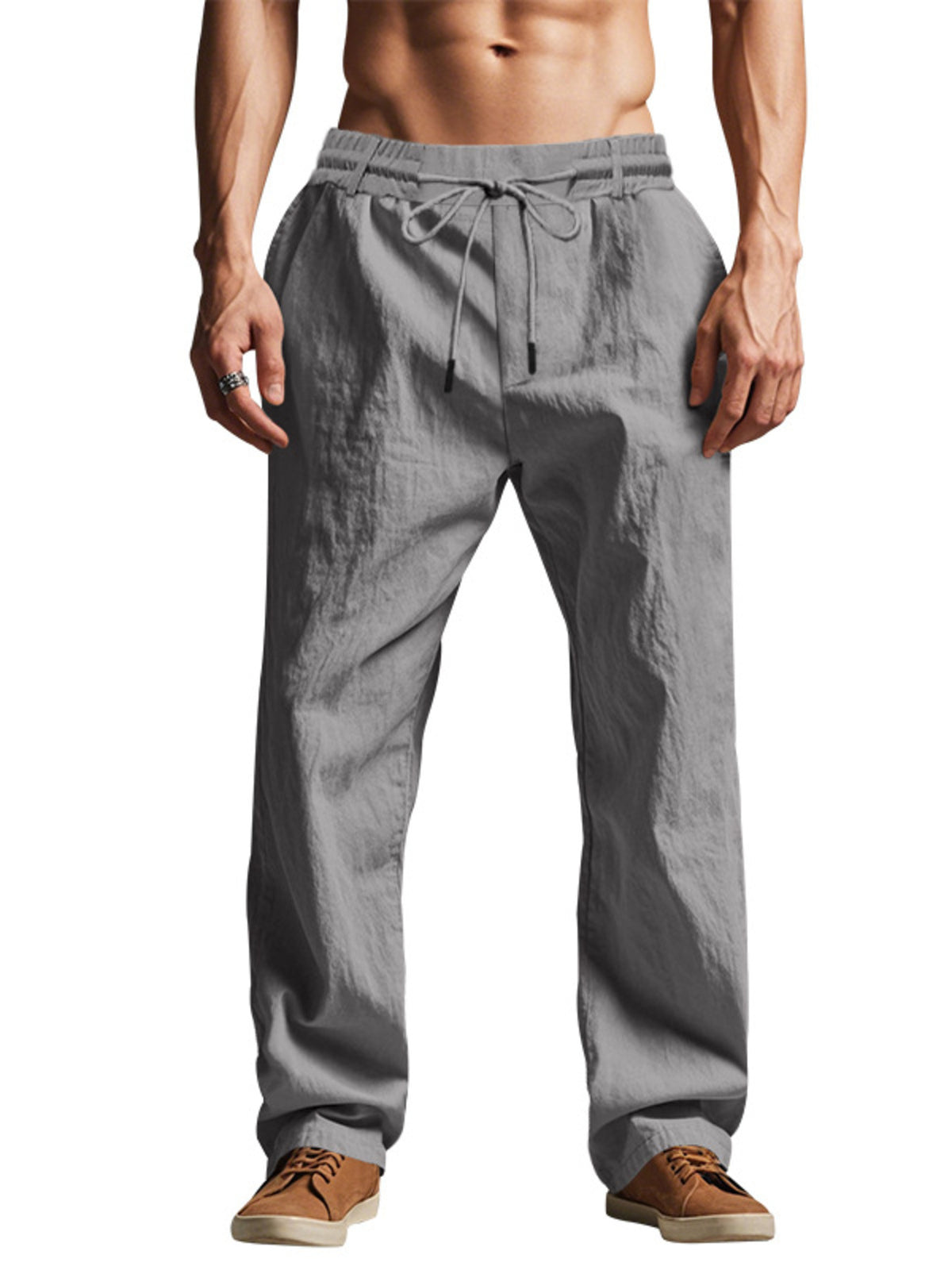 Men's Full Size Drawstring Elastic Waist Loose Fit Pants Plus Size - Gray