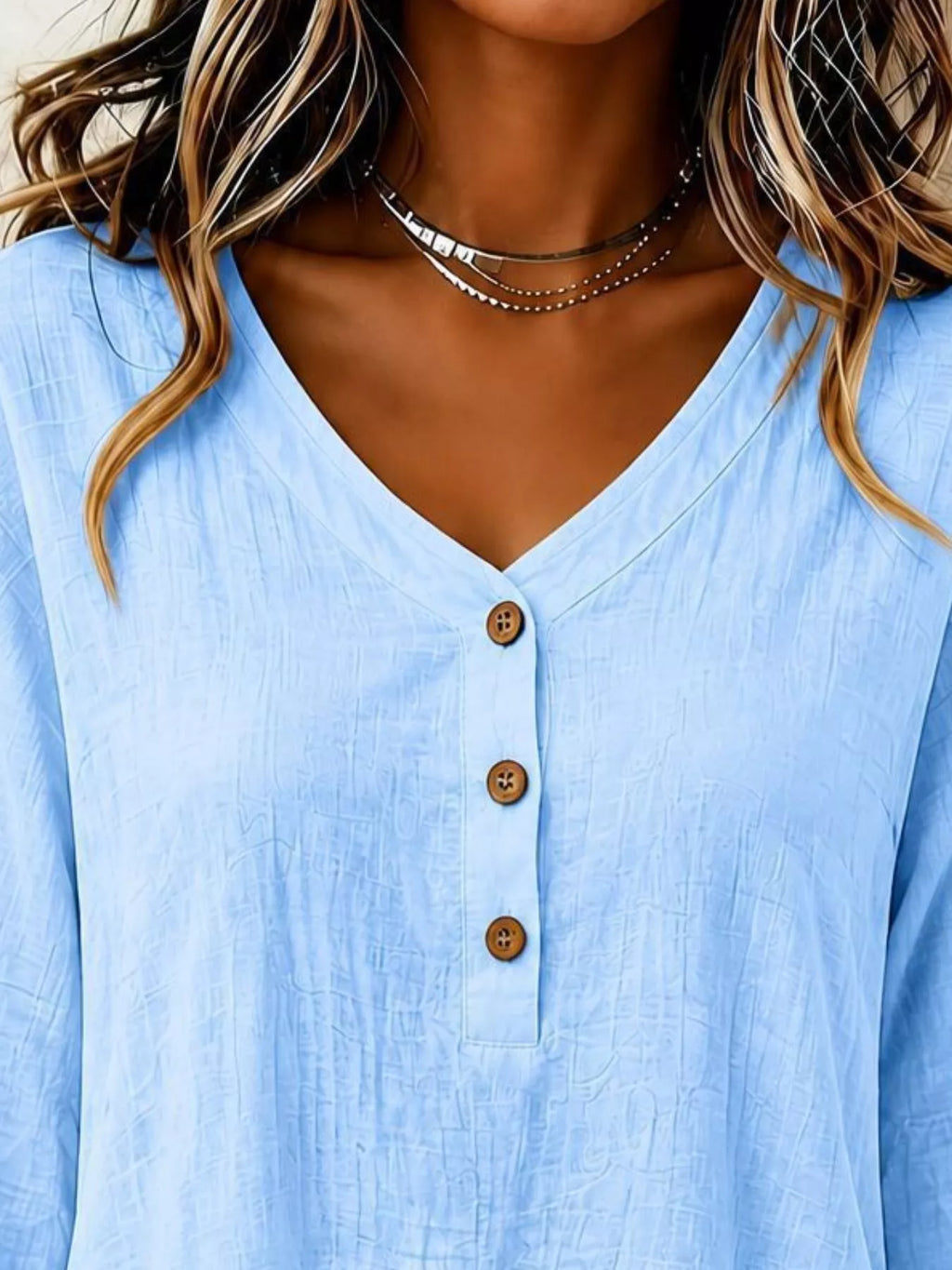 V-Neck Long Sleeve Button Detail Ruffled Hem Blouse