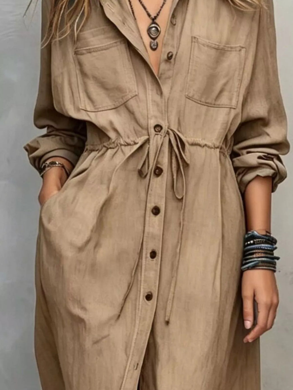Full Size Button Front Long Sleeve Shirt Dress Plus Size