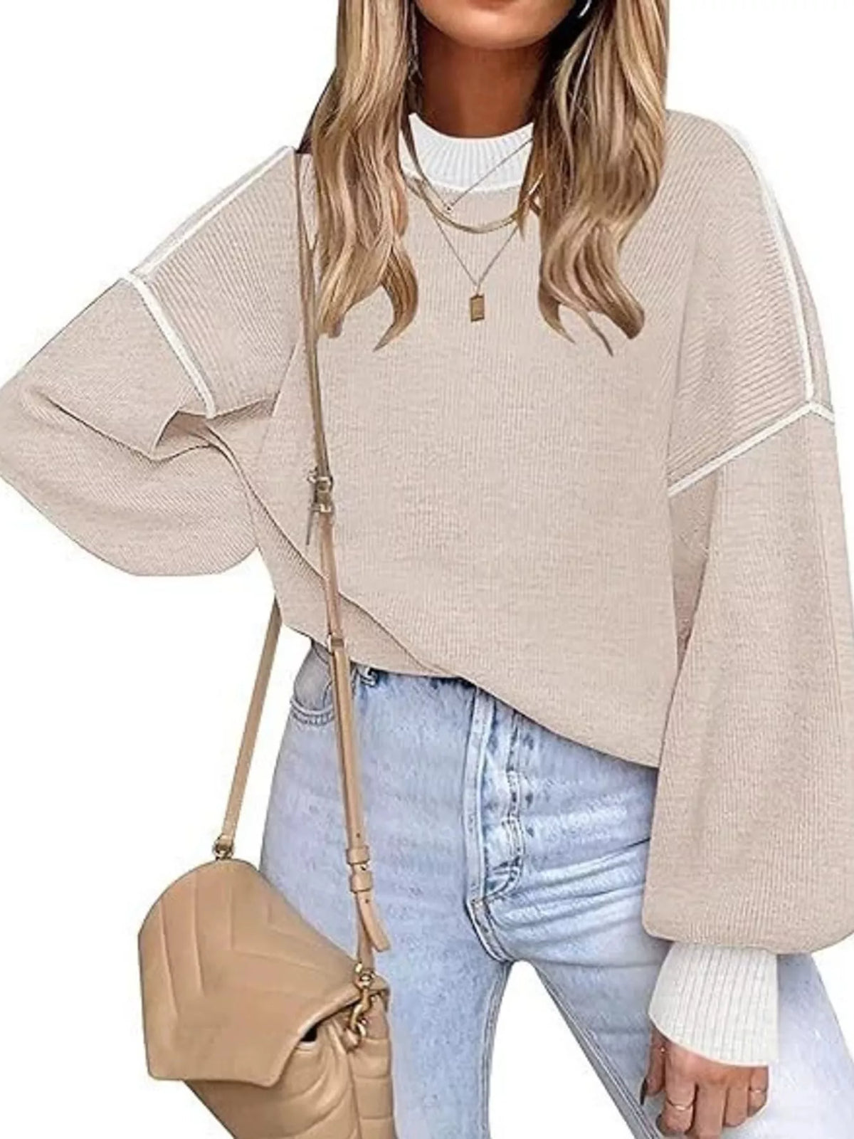 Round Neck Dropped Shoulder Sweater - Dust Storm