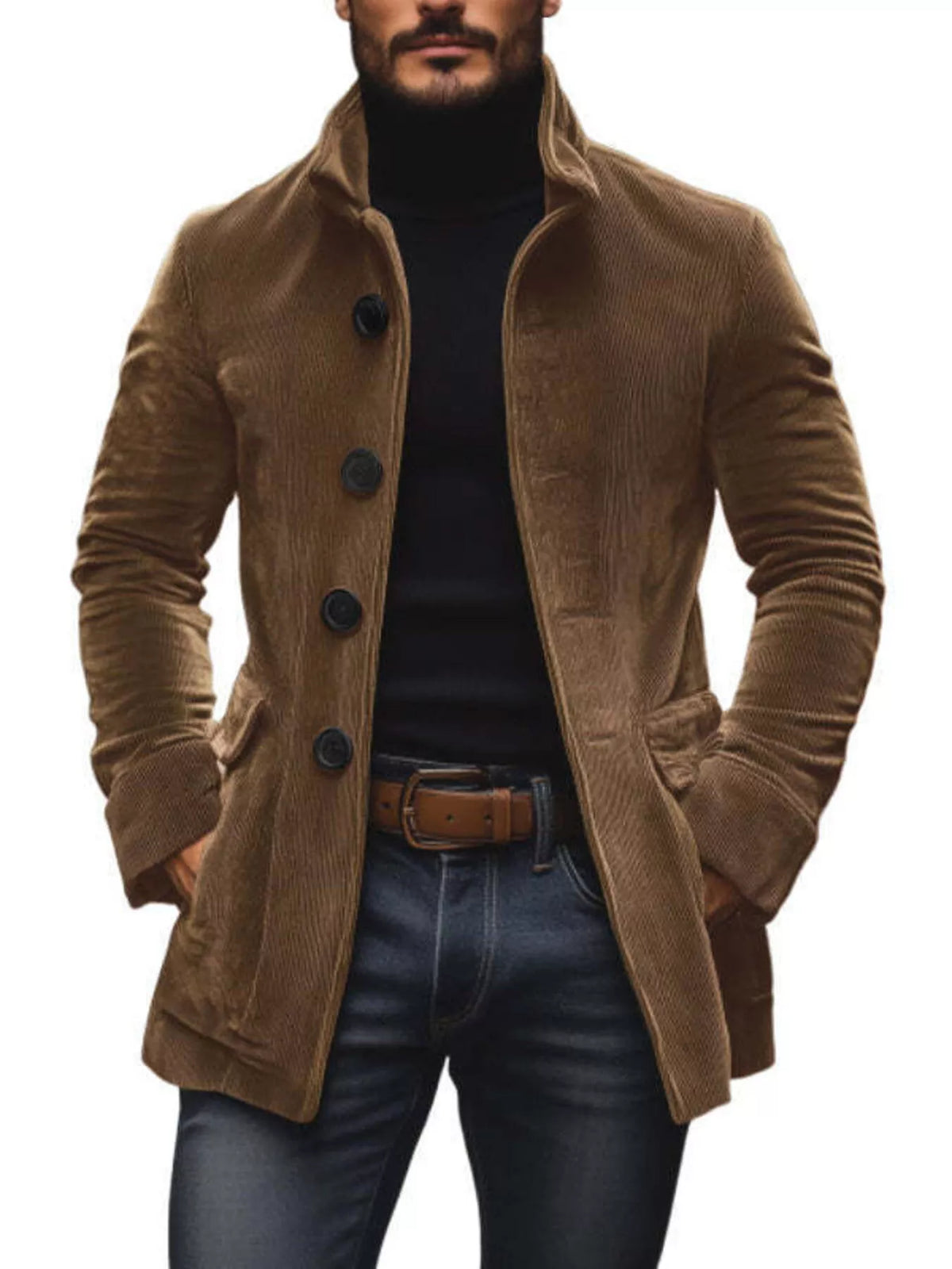 Men's Full Size Vintage Single-Breasted Stand Collar Coat Plus Size - Camel