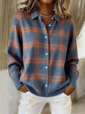 Full Size Plaid Button-Down Knit Cardigan Plus Size - Blue