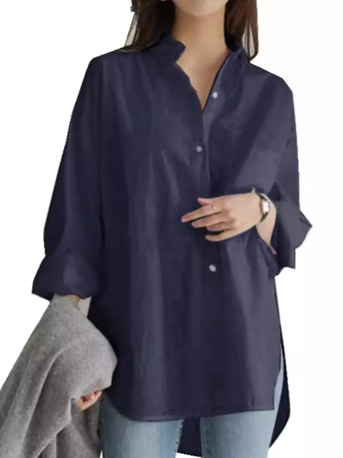 Full Size Oversized Button-Down Long Sleeve Shirt Plus Size - Navy Blue