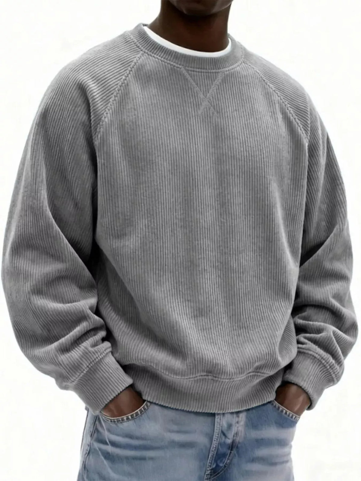 Men's Full Size Corduroy Crew Neck Sweatshirt Plus Size - Grey
