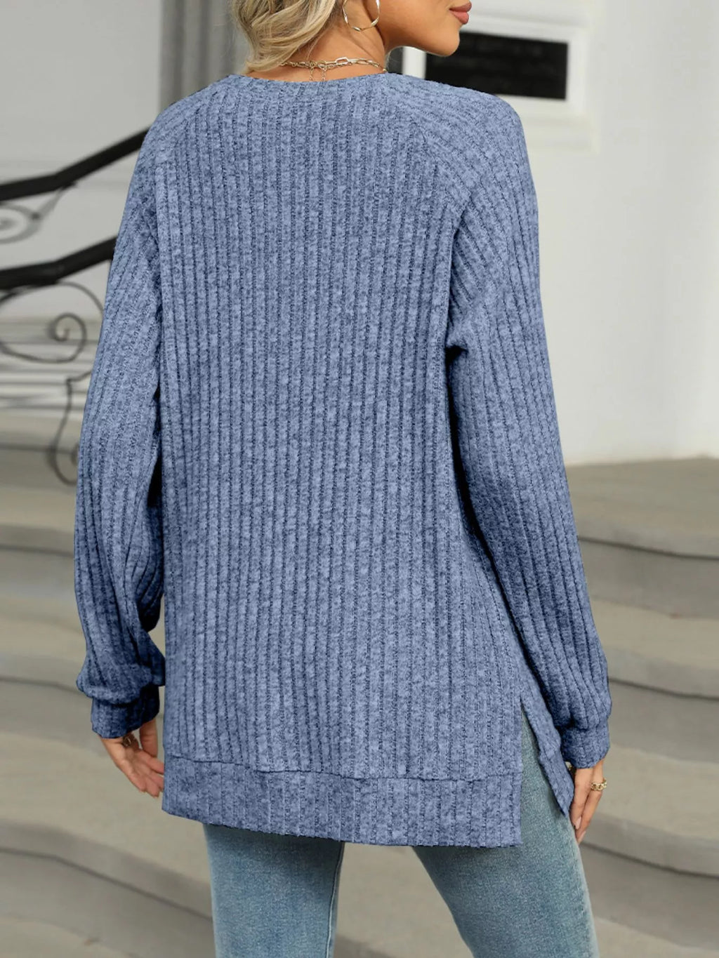 Round Neck Side Slit Ribbed Knit Top with Asymmetric Button Detail
