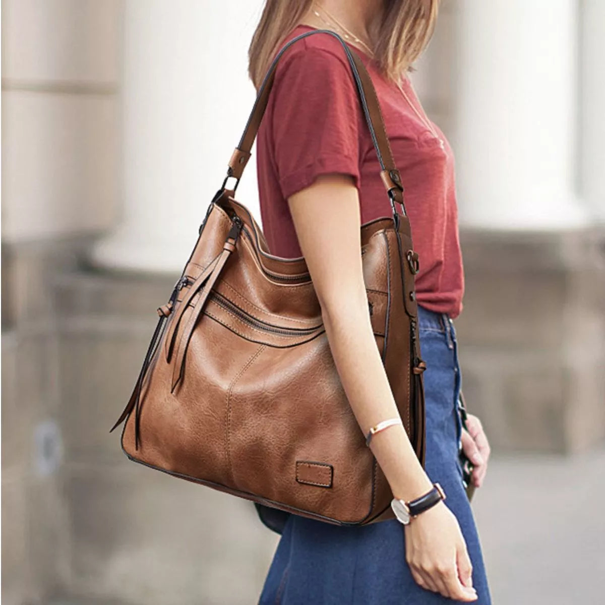 PU Leather Hobo Shoulder Bag - Camel