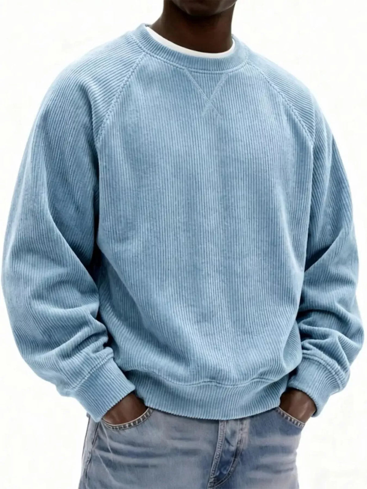 Men's Full Size Corduroy Crew Neck Sweatshirt Plus Size - Light Blue
