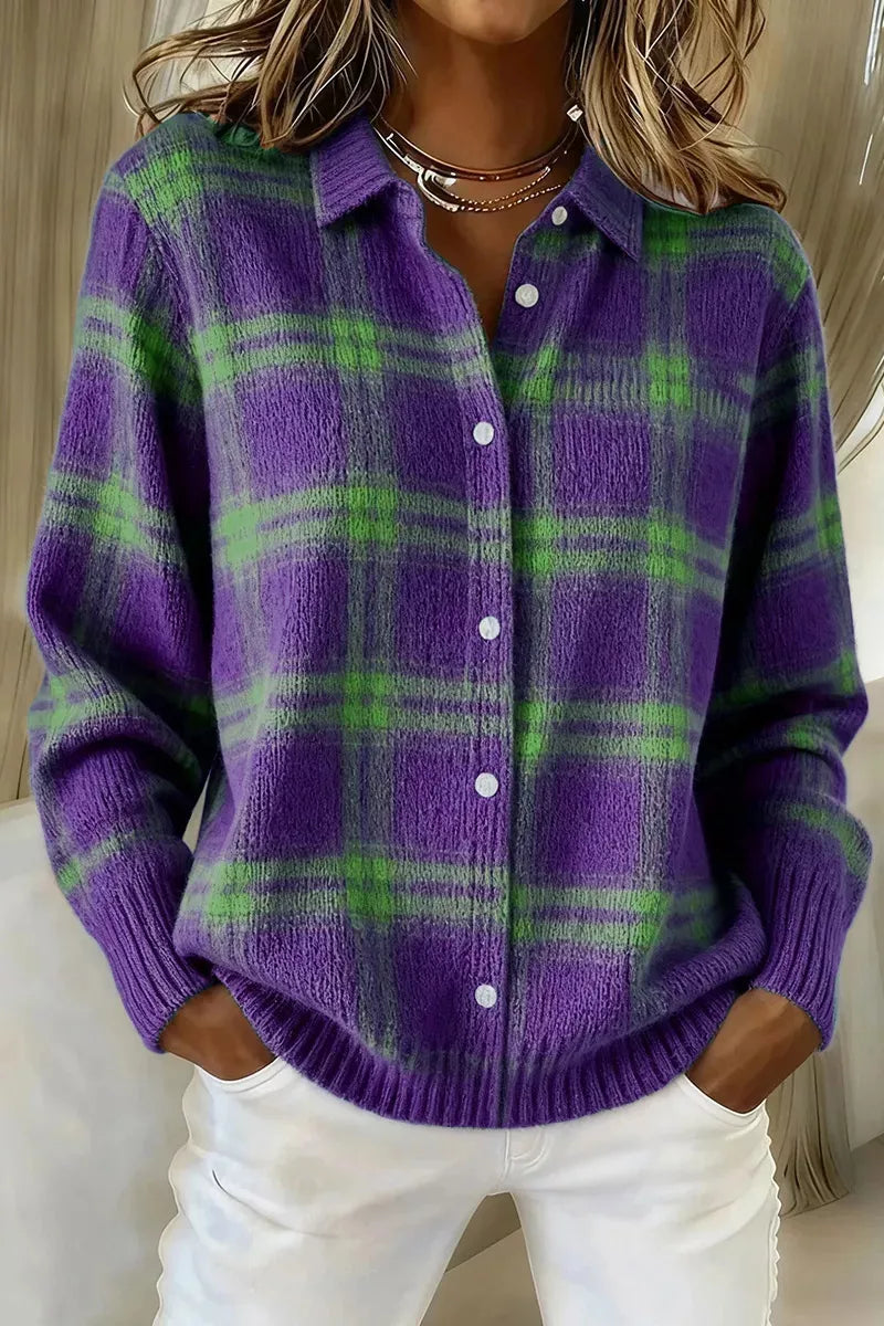 Full Size Plaid Button-Down Knit Cardigan Plus Size - Purple