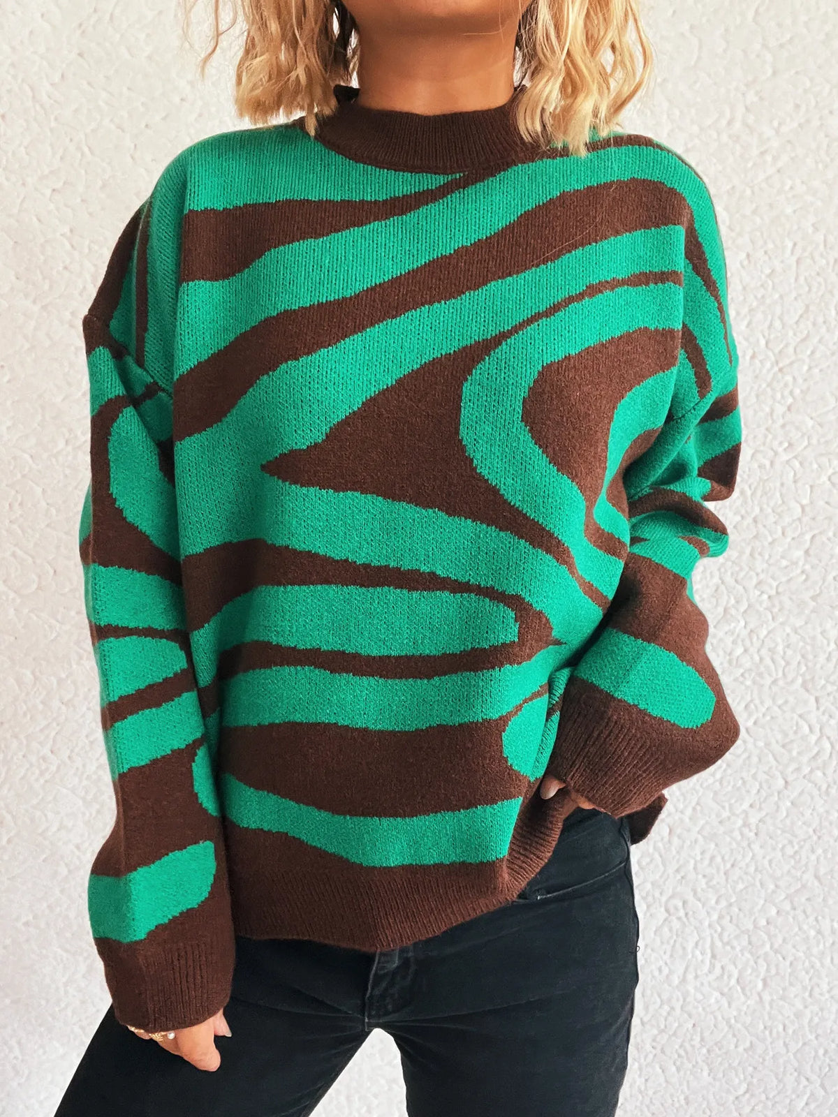 Zebra Print Round Neck Sweater