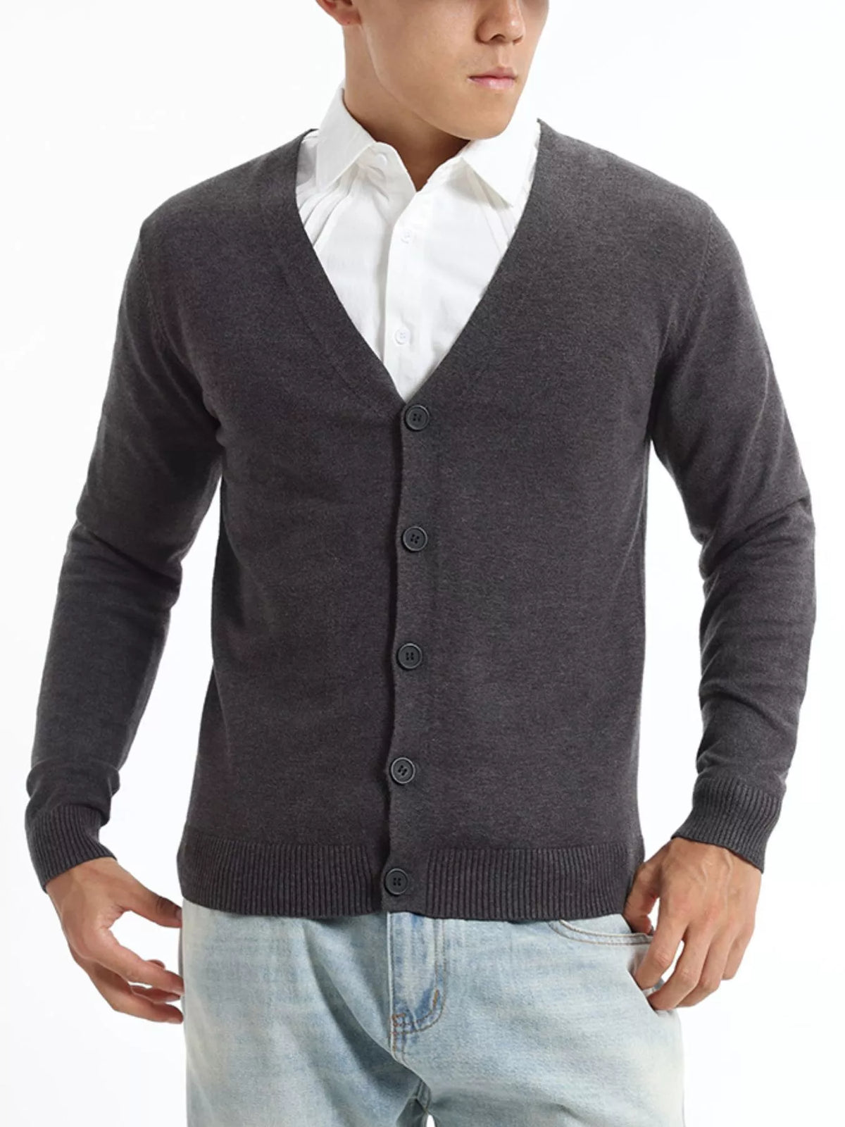 Men's Plus Size Button-Down Knit Cardigan - Flowers Dark Gray