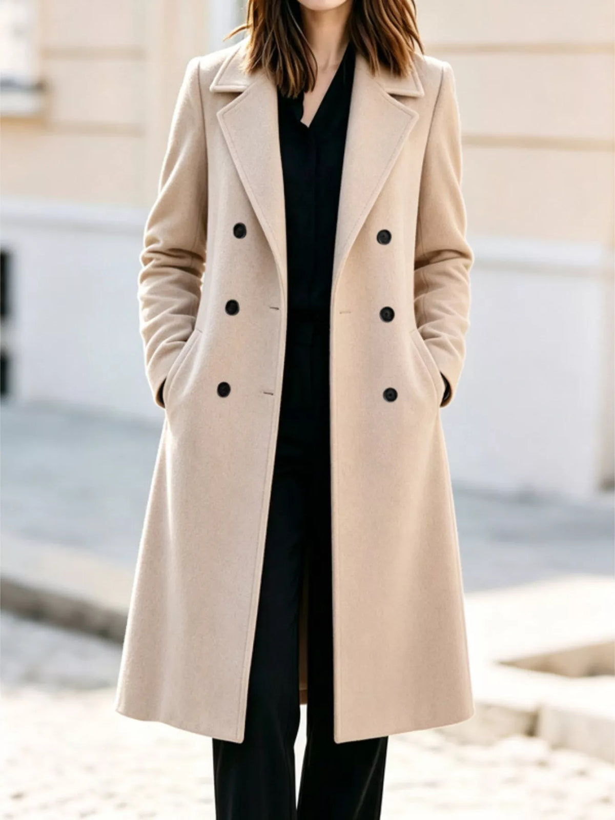 Double-Breasted Lapel Collar Coat - Beige