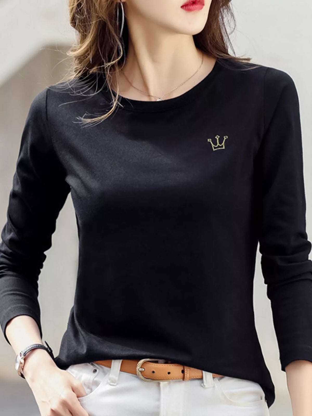 Full Size Crown Long Sleeve T-Shirt Plus Size - Black