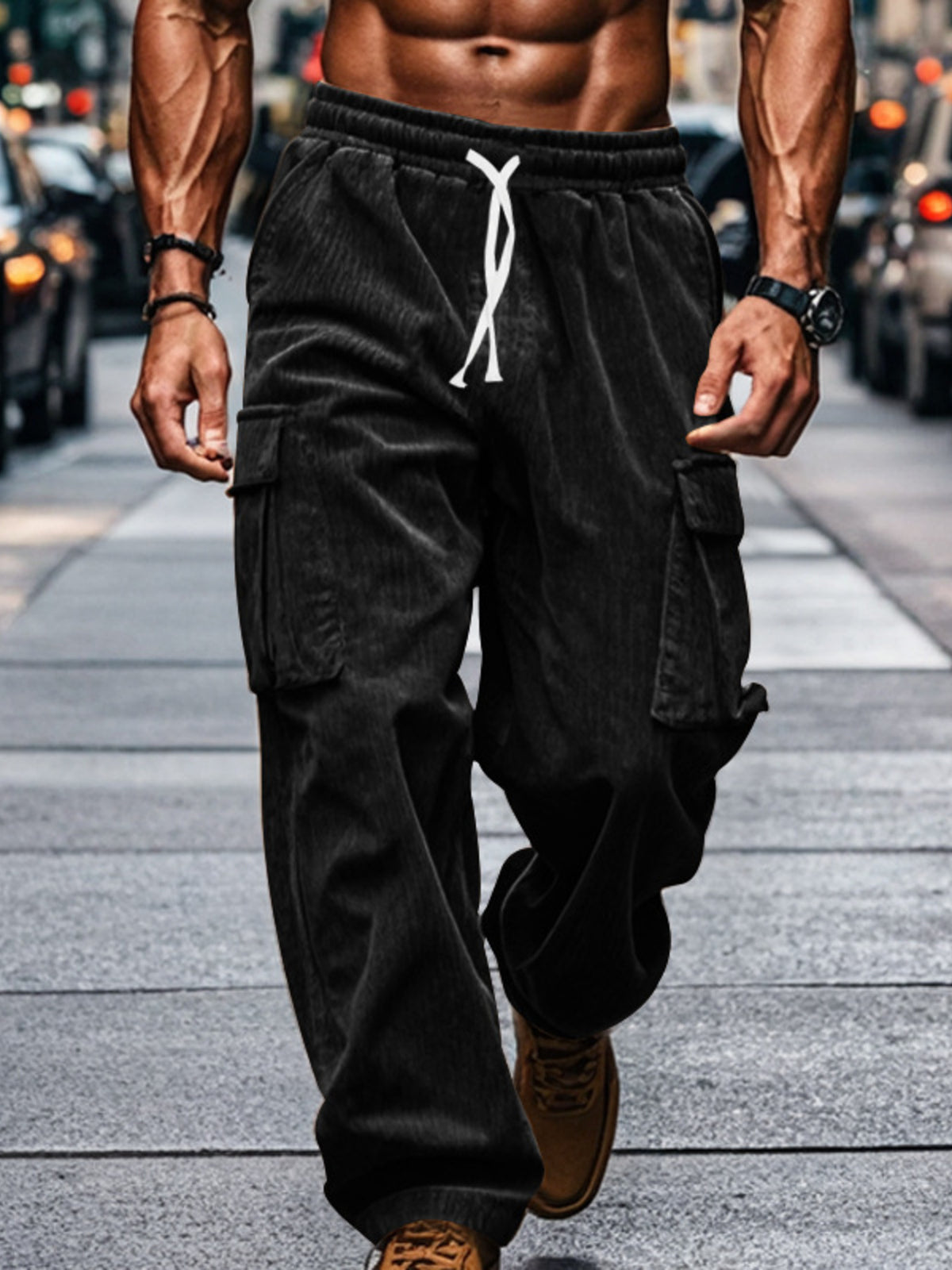 Men's Full Size Corduroy Cargo Pants Plus Size - Black