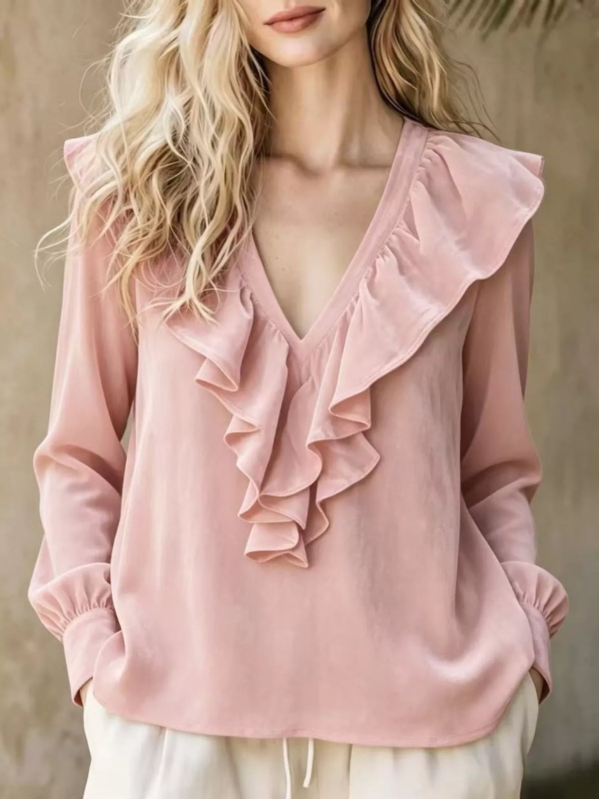 Full Size Velvet Ruffle V-Neck Blouse Plus Size - Dusty Pink