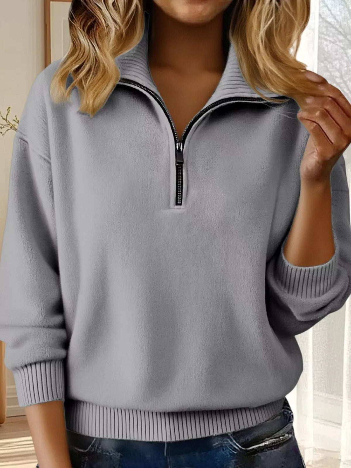 Full Size Half Zip Dropped Shoulder Sweater Plus Size - Gray
