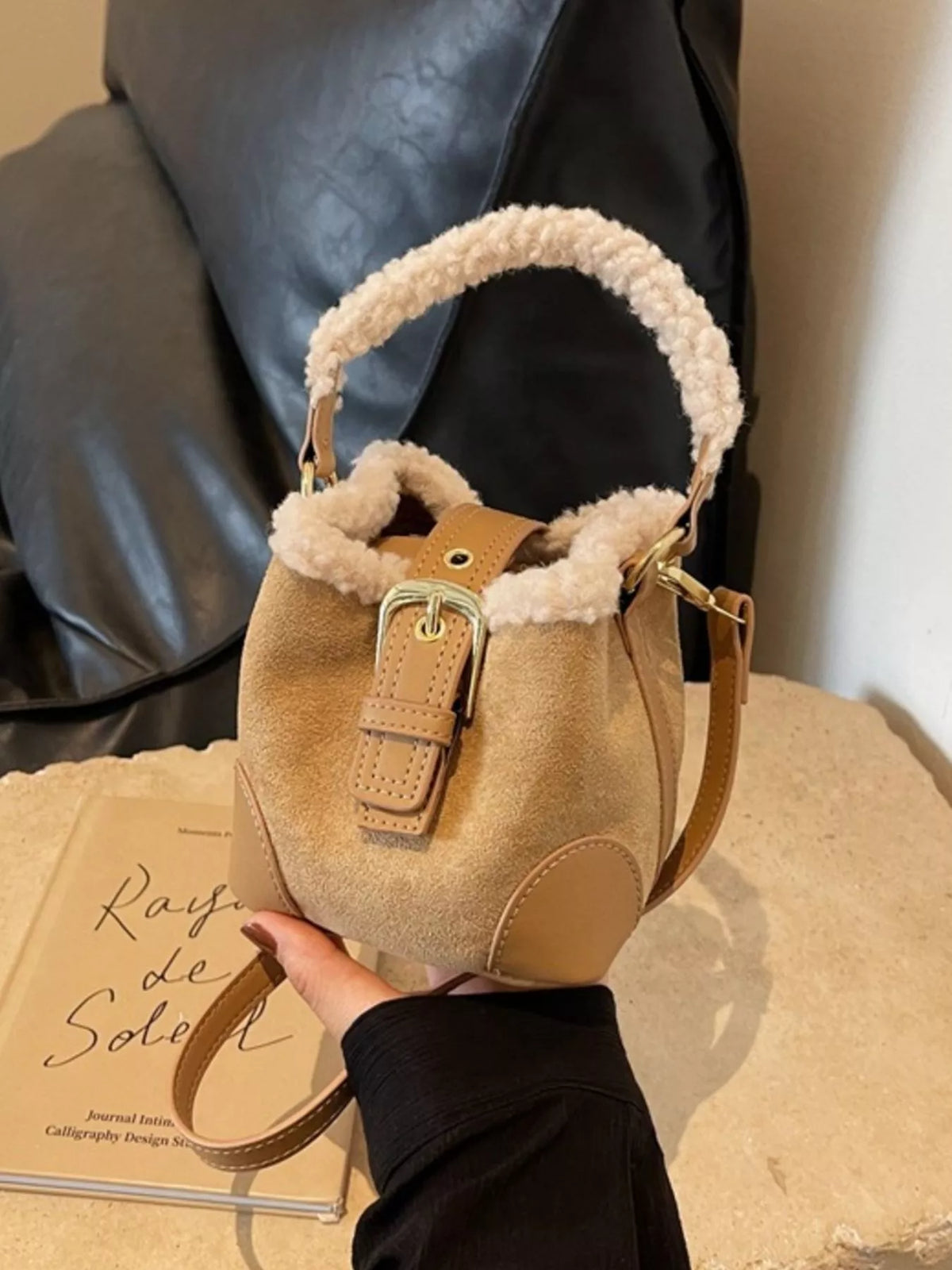 Fuzzy Trim Bucket Crossbody Bag - Khaki