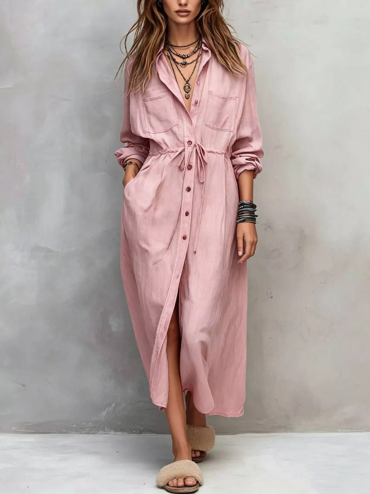 Full Size Button Front Long Sleeve Shirt Dress Plus Size - Dusty Pink