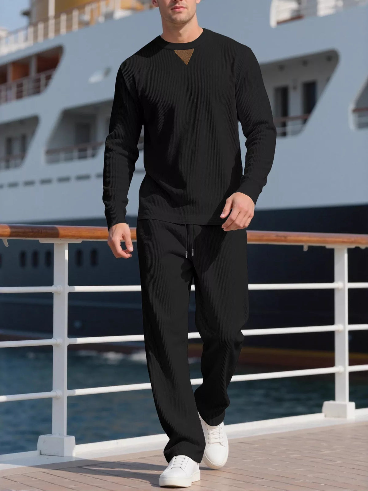 Men's Full Size Casual Crewneck Long Sleeve Sweatshirt and Jogger Set Plus Size - Black