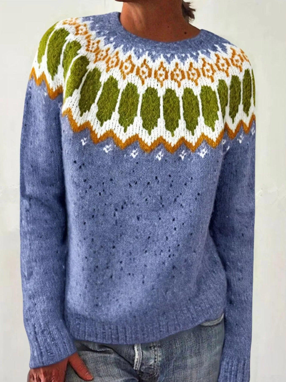Full Size Vintage Patterned Round Neck Sweater Plus Size - Dusty Blue