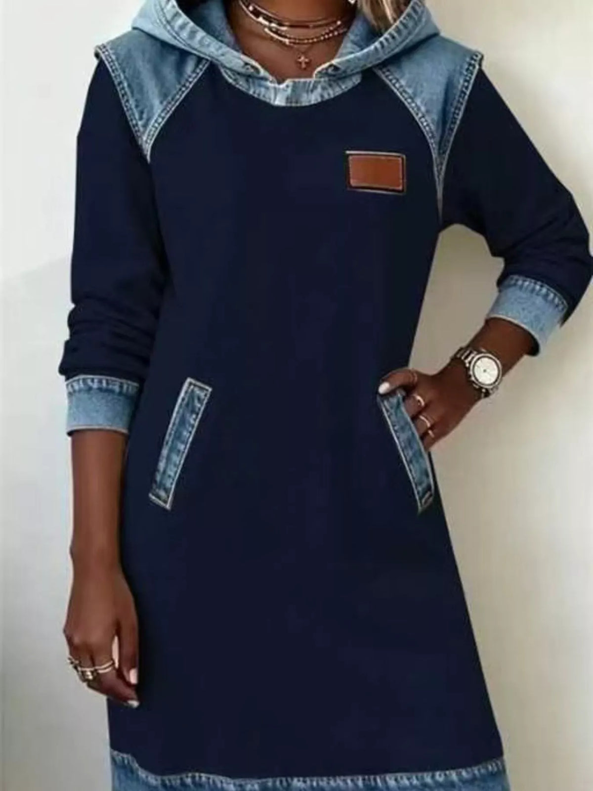 Full Size Denim Patchwork Hooded Sweatshirt Dress Plus Size - Navy Blue