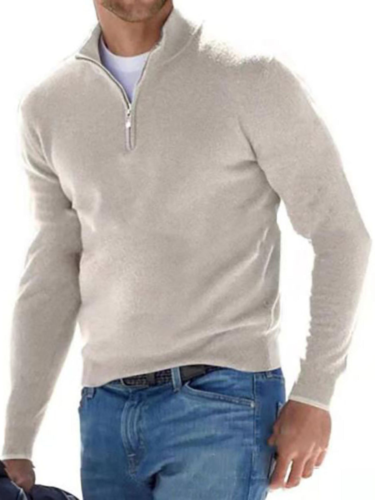 Men's Full Size Quarter-Zip Long Sleeve Sweater Plus Size - Beige