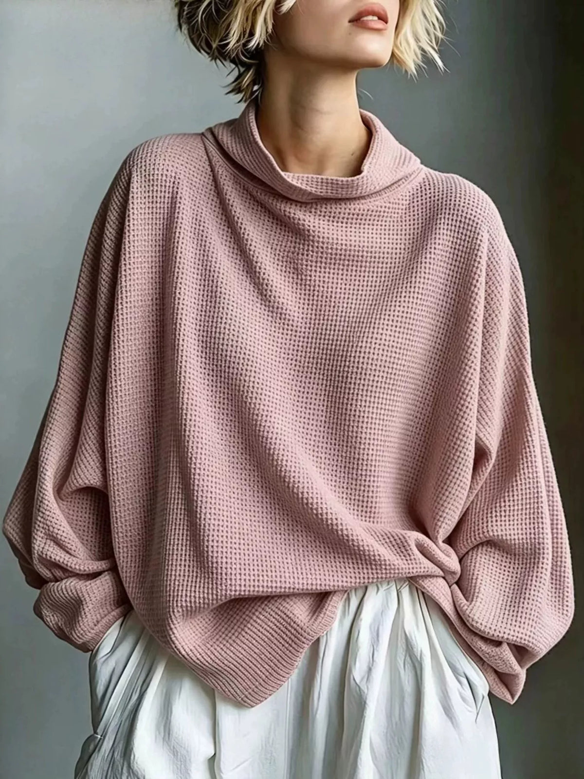 Full Size Oversized Waffle Knit Mock Neck T-Shirt Plus Size - Pink